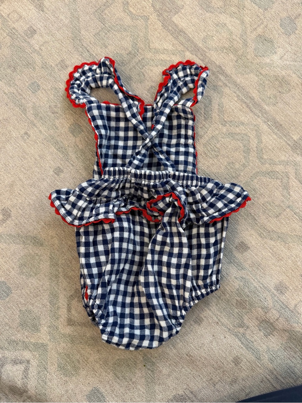 Angel dear Navy & White Gingham Baby Romper with Red Trim